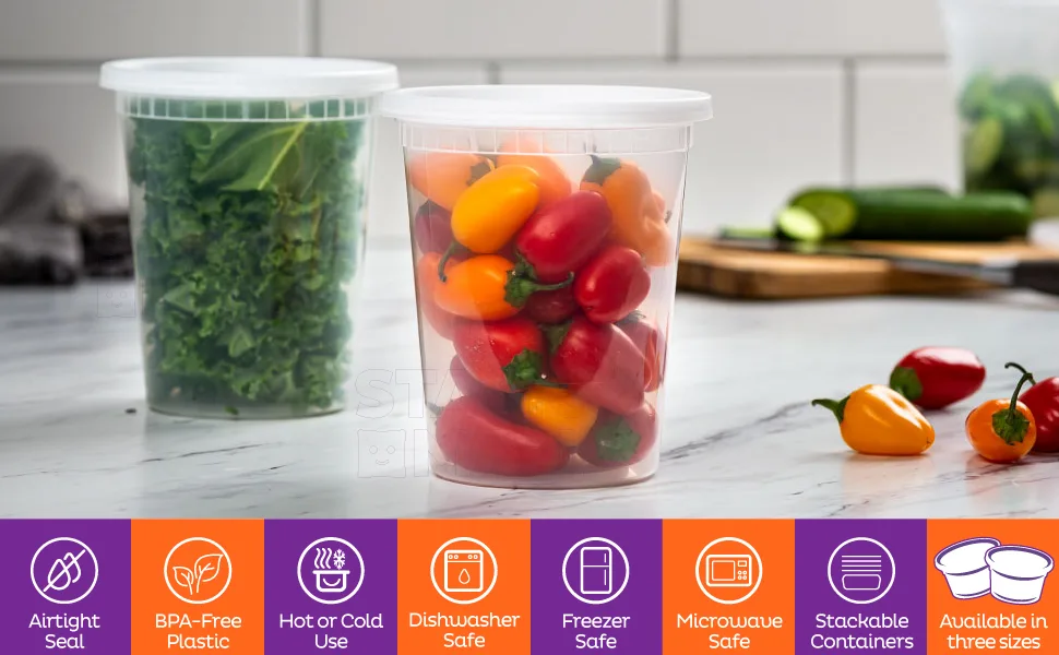 Stack Man 48 Pack, 32 oz Plastic Deli Food Storage Soup Containers With Airtight Lids, Freezer Safe | Meal Prep | Stackable | Leakproof | BPA Free, Clear 32 oz. - Product Picture