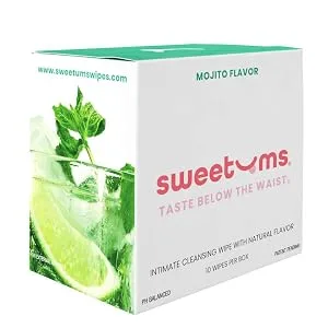 Sweetums Feminine Wipes For Women, Individually Wrapped - pH Balanced Flavored Intimate Wipes - Pack of 10 (Mojito) - mojito box angled