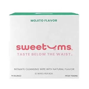 Sweetums Feminine Wipes For Women, Individually Wrapped - pH Balanced Flavored Intimate Wipes - Pack of 10 (Mojito) - mojito box front