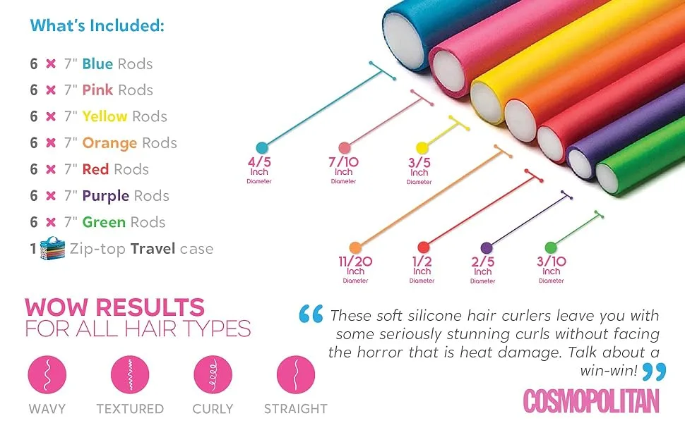 Tifara Beauty Salon Heatless Flexible Hair Rollers Curlers 42-pack 7" Soft Foam Flexi Twist Curling Rods for Short Long Hair - Banner 2