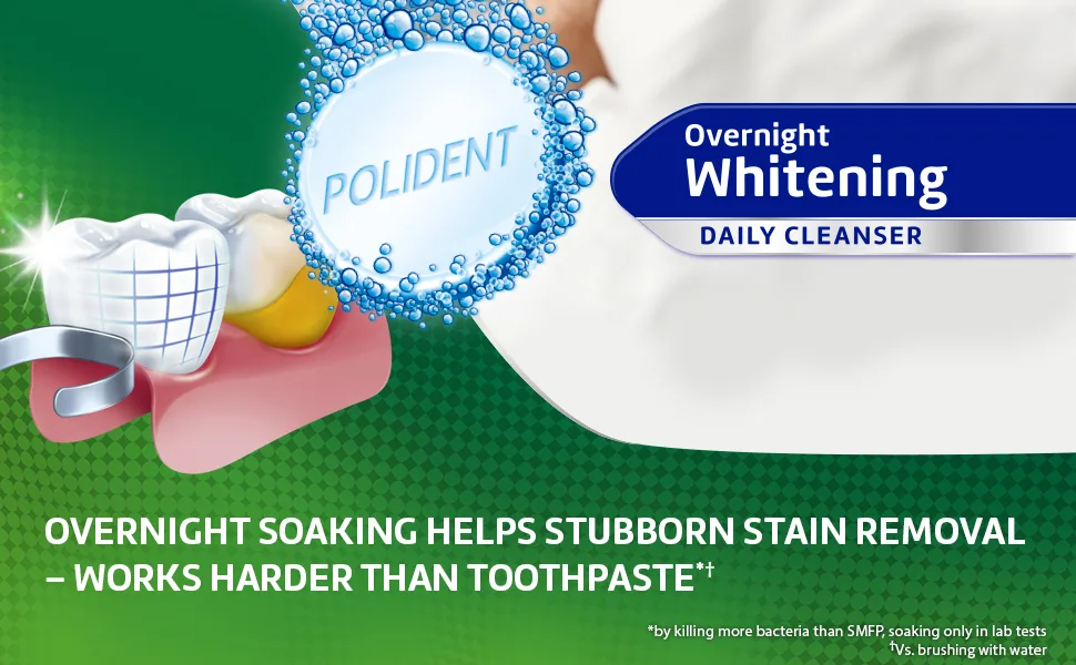 Polident Overnight Whitening Denture Cleaner Tablets, Effervescent Denture Cleanser Tablets - 84 Count (Pack of 3) - Polident Overnight Whitening