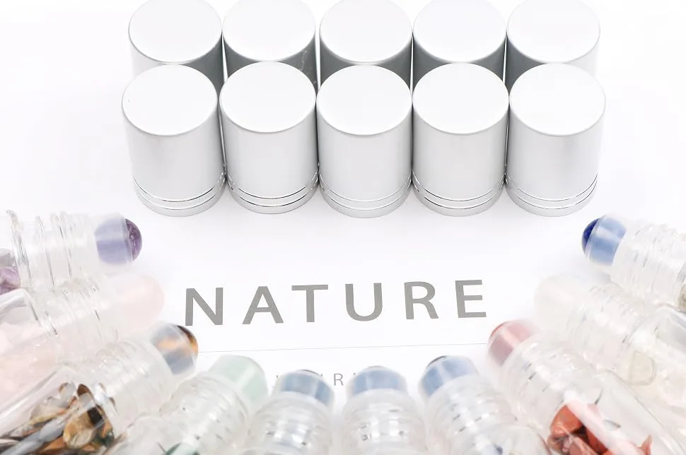 Clear Glass Roller Bottles,10 Pack 10ml 0.33fl oz Gemstone Roller Ball For Essential Oils,Natural Crystal Stones Roller Balls With Silver Lid,Thick Glass Roll on Bottle-Healing Crystal Chips Inside - product information 1