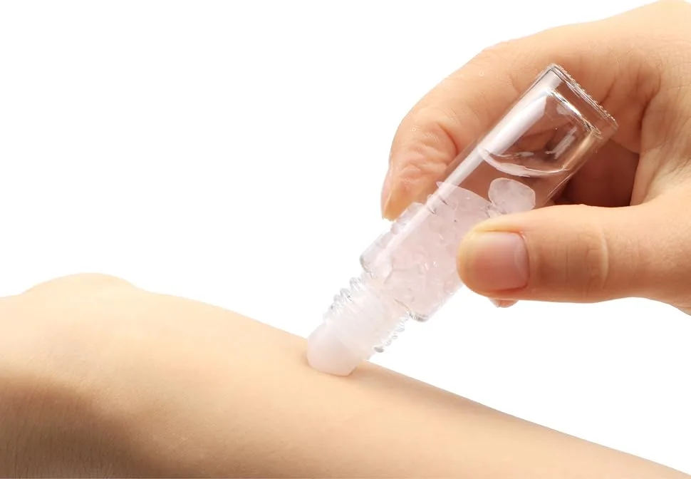 Clear Glass Roller Bottles,10 Pack 10ml 0.33fl oz Gemstone Roller Ball For Essential Oils,Natural Crystal Stones Roller Balls With Silver Lid,Thick Glass Roll on Bottle-Healing Crystal Chips Inside - product information 3