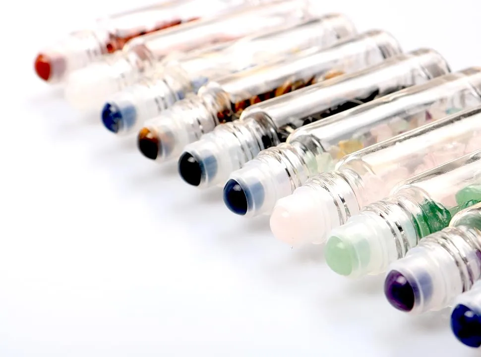 Clear Glass Roller Bottles,10 Pack 10ml 0.33fl oz Gemstone Roller Ball For Essential Oils,Natural Crystal Stones Roller Balls With Silver Lid,Thick Glass Roll on Bottle-Healing Crystal Chips Inside - product information 4