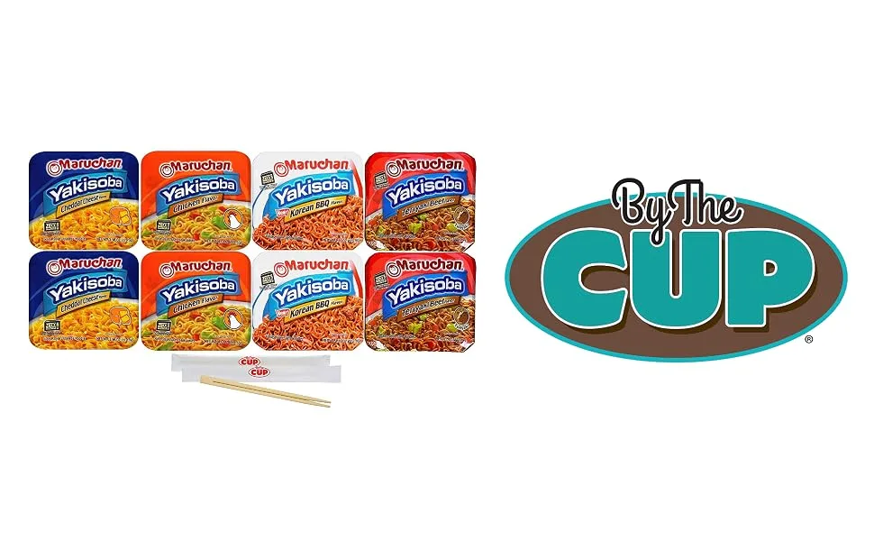 Maruchan Yakisoba Variety, 4 Different Flavors, Single Serving Home-style Japanese Noodles (Pack of 8) with By The Cup Chopsticks - header