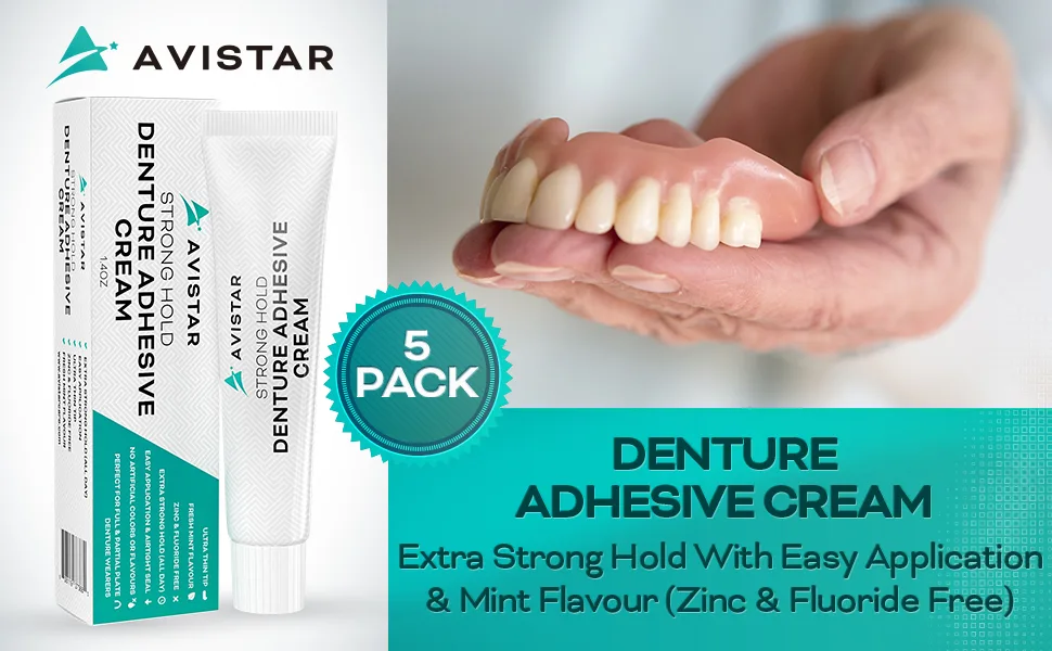Denture Adhesive Cream (5 Pack) - Extra Strong Hold with Easy Application & Mint Flavour (Zinc & Fluoride Free) - Avistar Denture Adhesive Cream