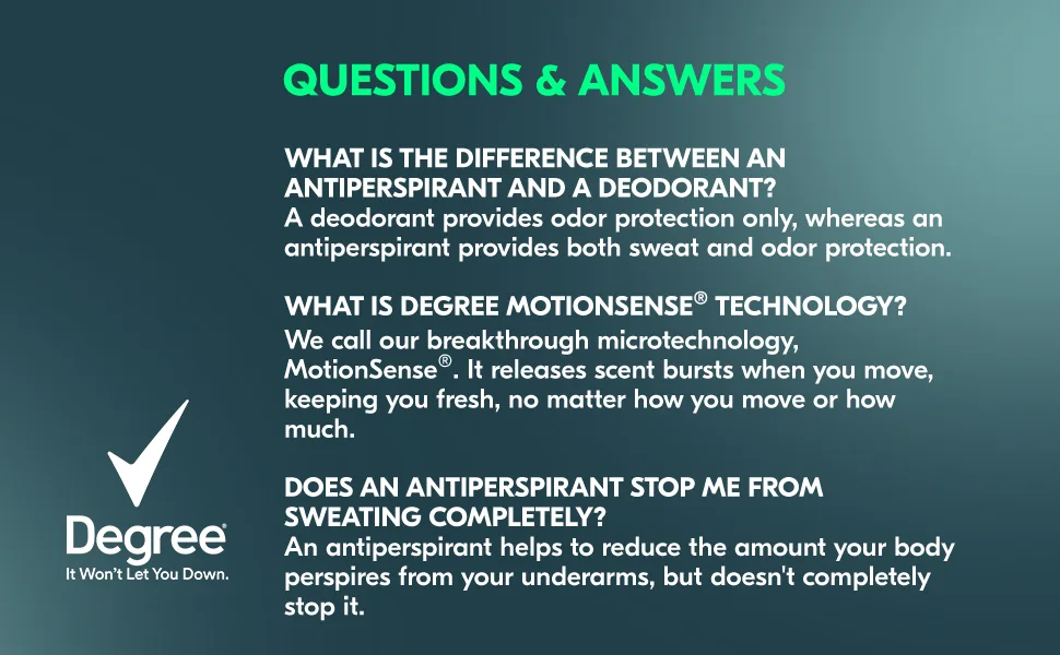 Degree Men Antiperspirant Deodorant Adventure Antiperspirant For Men With MotionSense Technology, 2.7 Ounce (Pack of 4) Fresh - Questions & Answers