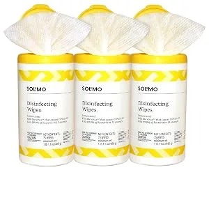 Amazon Brand - Solimo Disinfecting Wipes, Lemon Scent, Sanitizes/Cleans/Disinfects/Deodorizes, 75 Count (Pack of 3) - disinfecting wipe