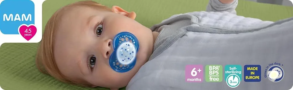 MAM Night Pacifiers (2 Count), MAM Pacifiers 6+ Months, Best Pacifier for Breastfed Babies, Glow in The Dark Pacifier, Baby Unisex Pacifier, 6-16 (Pack of 2) - pacifier mam maam