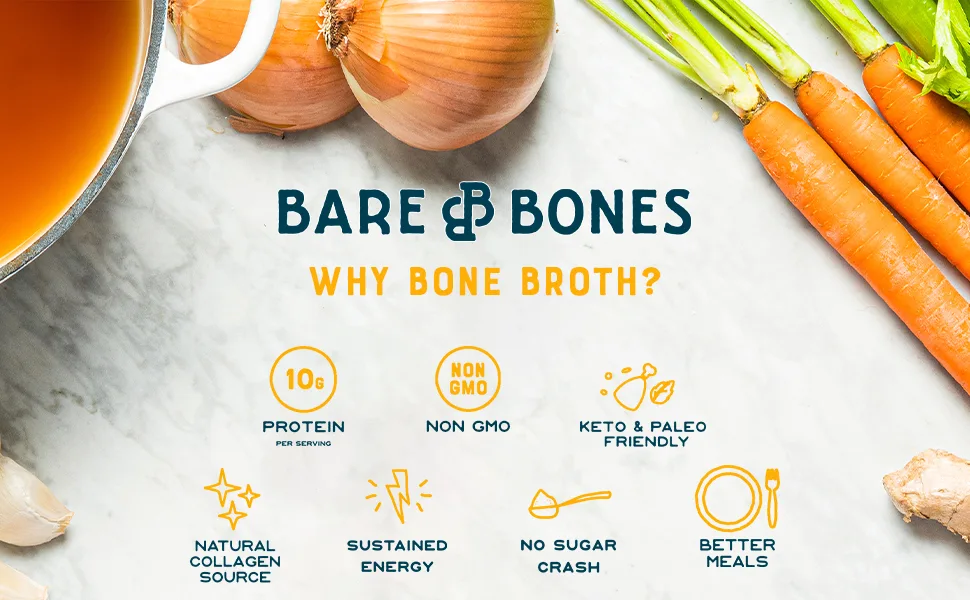 Bare Bones Bone Broth Instant Powdered Beverage Mix, Beef, Pack of 16, 15g Sticks, 10g Protein, Keto & Paleo Friendly Beef 15 Gram (Pack of 16) - Bare Bones Header