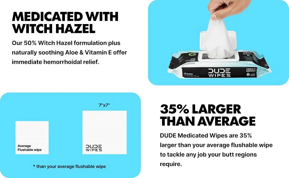 DUDE Wipes Medicated Flushable Wipes - 3 Pack, 144 Wipes - Unscented Extra-Large Wipes with Maximum Strength Medicated Witch Hazel - Septic and Sewer Safe Medicated Wipes - image