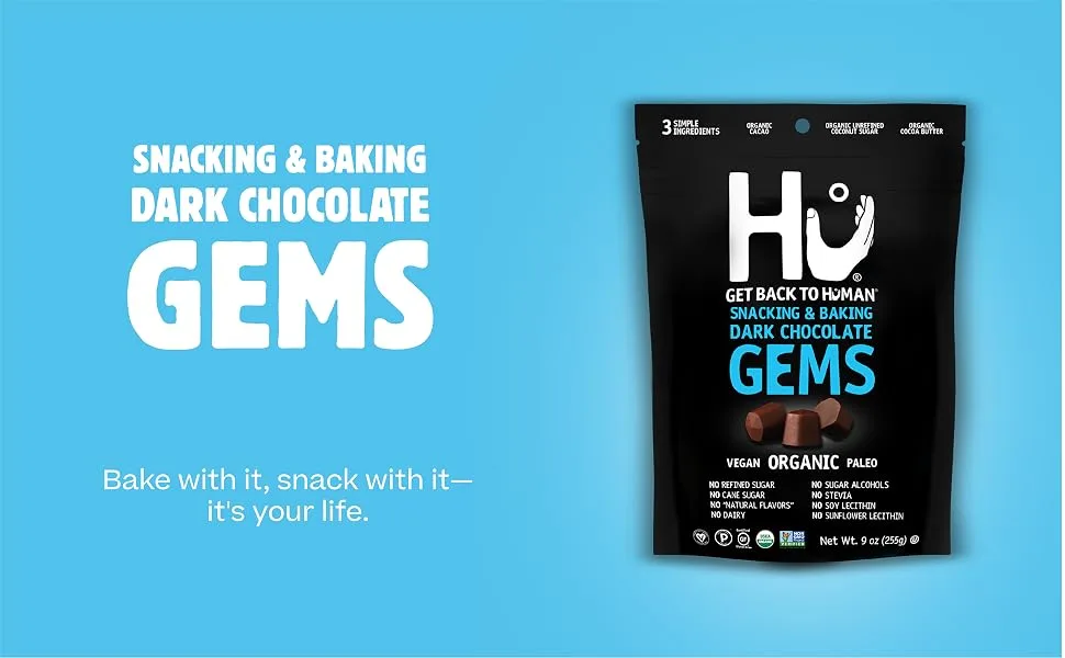 Hu Gems Chocolate Chips Vegan Snacks | 3 Pack, 9oz Each | Organic, Paleo, Dark Chocolate Baking Chips | Great for Baking & Snacking, Non GMO, Kosher Chocolate 9 Ounce (Pack of 3) - hu gems baking chips chocolate kitchen vegan keto sugar free healthy paleo holiday bake bark organic