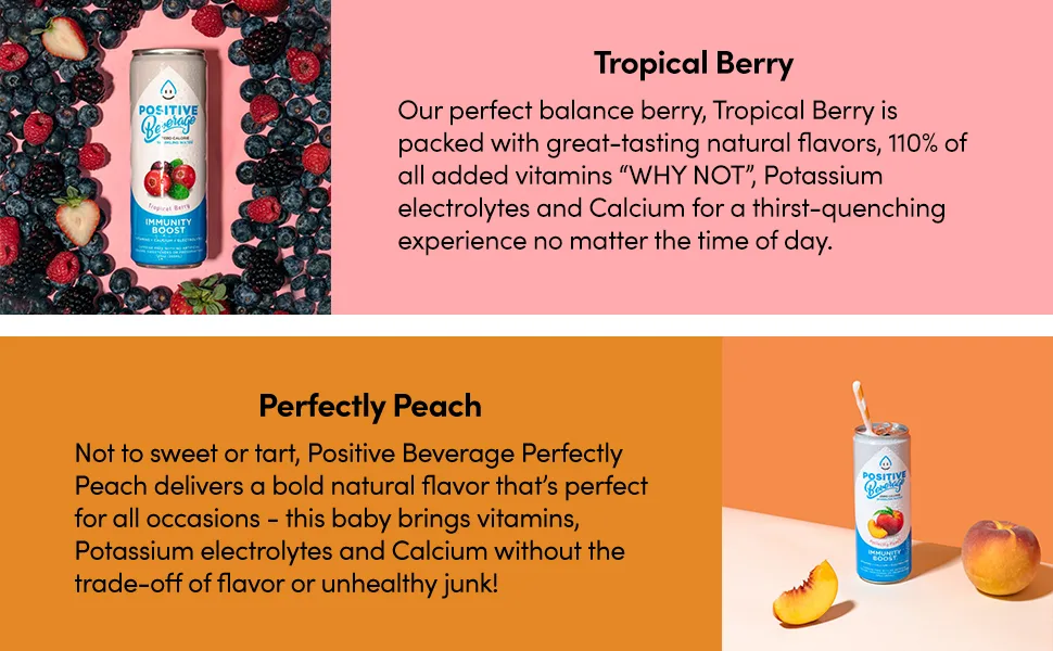 Positive Beverage IMMUNITY BOOST Perfectly Peach | 12-oz Can, Pack of 12 | Zero Calorie, Electrolyte Water, Vitamins and Calcium - positive beverage; drink; immunnity boost; berry; peach; crisp cucumber; lemonade; mandarin orange