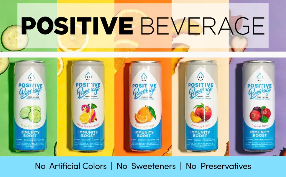 Positive Beverage IMMUNITY BOOST Perfectly Peach | 12-oz Can, Pack of 12 | Zero Calorie, Electrolyte Water, Vitamins and Calcium - positive beverage; energy; sparkling; immunity; watermelon; orange; pineapple colada; tropical