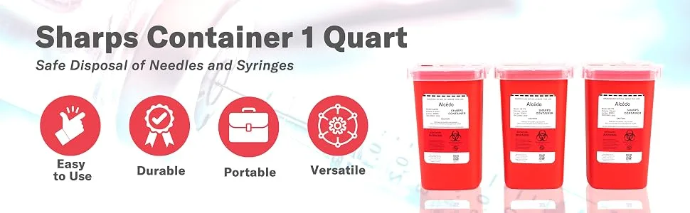 Alcedo Sharps Container for Home Use and Professional 1 Quart (3-Pack) | Biohazard Needle and Syringe Disposal | Small Portable Container for Travel - home use