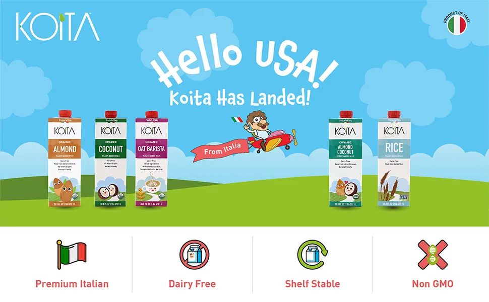 Koita Italian Rice Milk, Non Dairy, Plant-Based, Non GMO, Vegan, Shelf Stable 1L (6-pack) - Koita Amazon Header v2