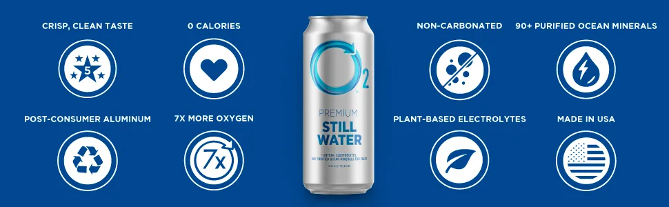 O2 Oxygenated Water - Natural Canned Water for Dehydration Relief - Purified Electrolytes in Fresh Spring Water - 16 Fl Oz (Pack of 12) - O2 Icon Graphic