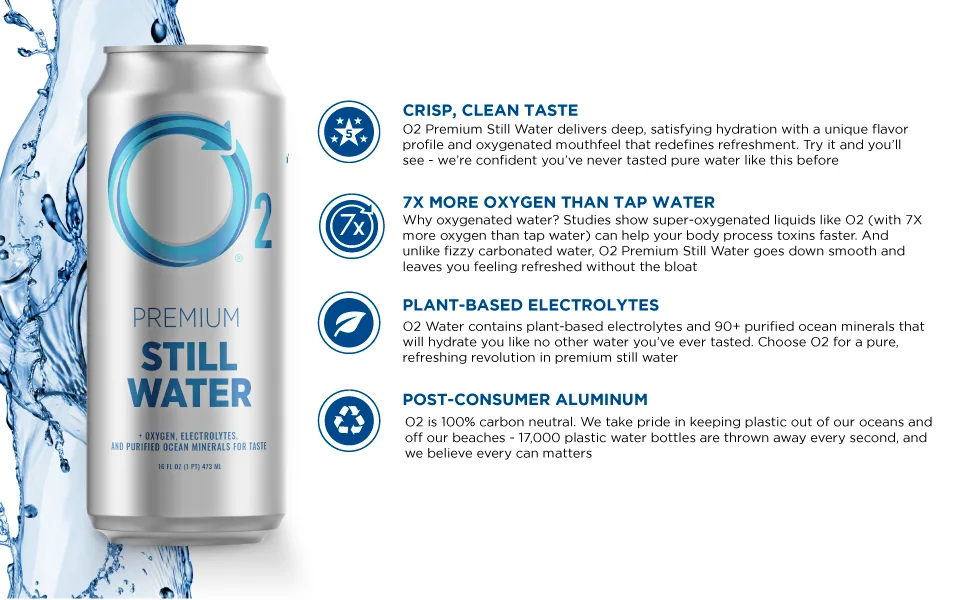 O2 Oxygenated Water - Natural Canned Water for Dehydration Relief - Purified Electrolytes in Fresh Spring Water - 16 Fl Oz (Pack of 12) - O2 Still Water Bullets