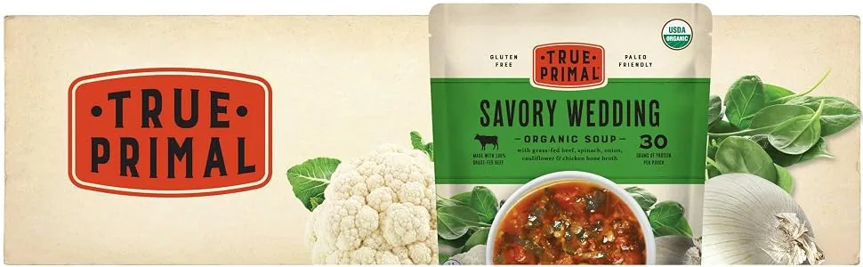 True Primal Savory Wedding Organic Soup 8-pack - True Primal Savory Wedding Organic Soup pouch and ingredients