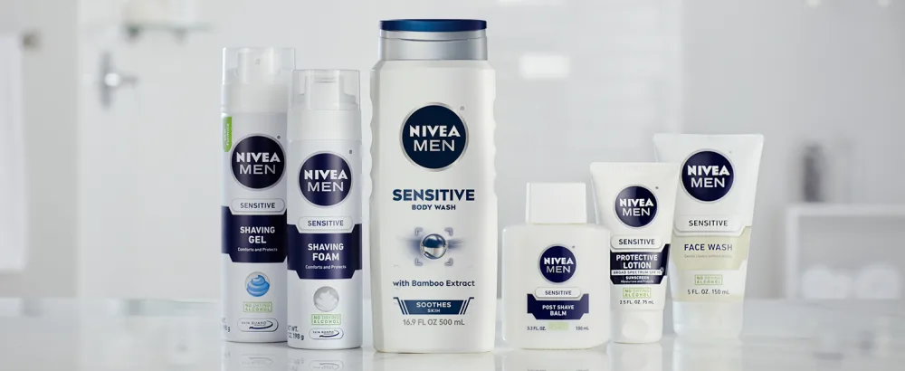 NIVEA MEN Sensitive Body Wash with Bamboo Extract, 3 Pack of 16.9 Fl Oz Bottles - Whole NIVEA MEN Sensitive product line up on bathroom counter