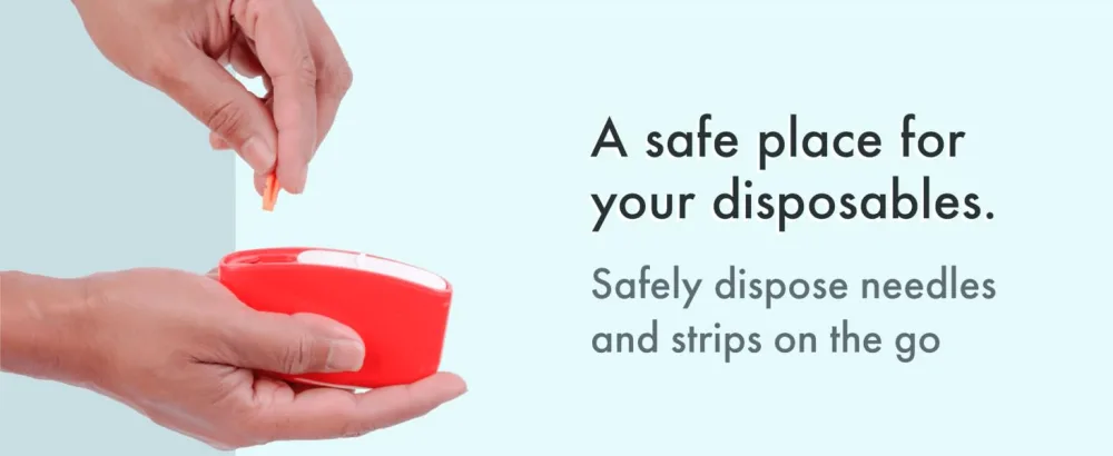 Red Glucology Travel Sharps Disposal Container | Specially Designed for Diabetic Needles and Test Strips | Compact Size for Travel and Daily Personal Use | Bio-Hazard Lock | 3 Pack - Red sharps bins containers