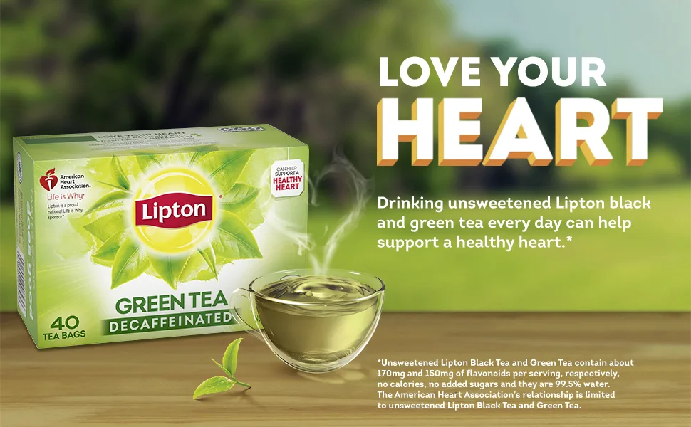 Lipton Decaffeinated Tea Bags For a Hot Tea or Iced Tea Beverage Green Tea Can Help Support a Healthy Heart 40ct 6 Pack Decaf Green Tea - Lipton Decaffeinated Green Tea pack and leaf and hot cup