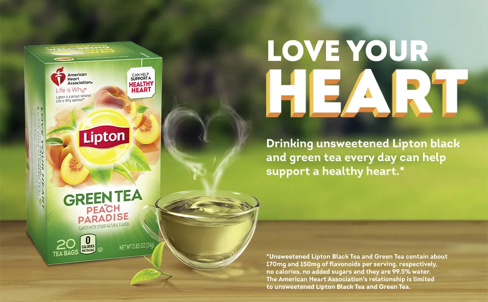 Lipton Green Tea Bags Flavored with Other Natural Flavors Peach Paradise Can Help Support a Healthy Heart, 20 Count (Pack of 6) - Lipton Packshot with a steaming hot cup
