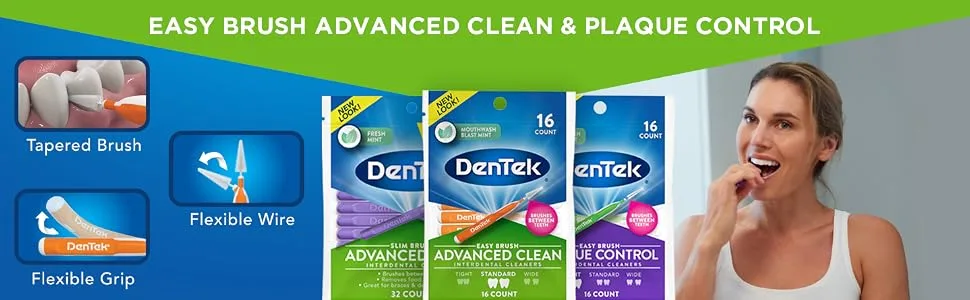DenTek Easy Brush Interdental Cleaners | Brushes Between Teeth | Standard | Mint Flavor | 16 Count (Pack of 6) - Packaging May Vary - Easy brush advanced Clean & Plaque Control