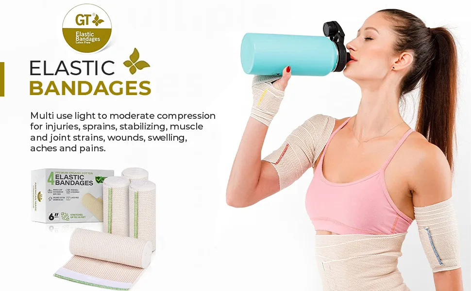 GT USA Organic Cotton Elastic Bandage Wrap (6" Wide, 4 Pack) | Hook & Loop Fasteners at Both Ends | Latex Free | Hypoallergenic Compression Roll for Sprains & Injuries 6" Wide 4 Pack - product information 1