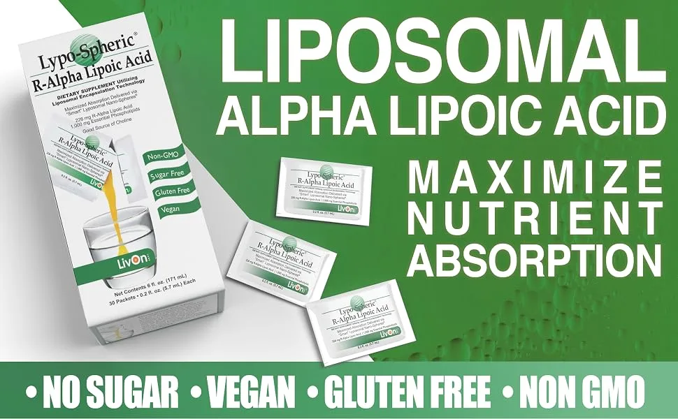 LypoSpheric RAlpha Lipoic Acid - 30 Packets  226 mg R-ALA Per Packet - Liposome Encapsulated for Improved Absorption - 100% Non-GMO - product information 4