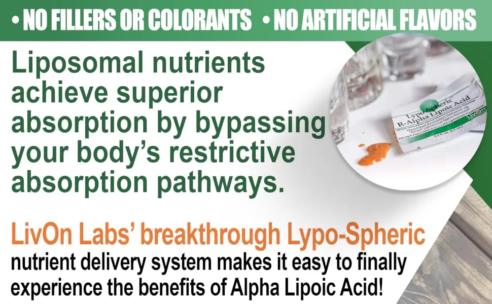 LypoSpheric RAlpha Lipoic Acid - 30 Packets  226 mg R-ALA Per Packet - Liposome Encapsulated for Improved Absorption - 100% Non-GMO - product information 5