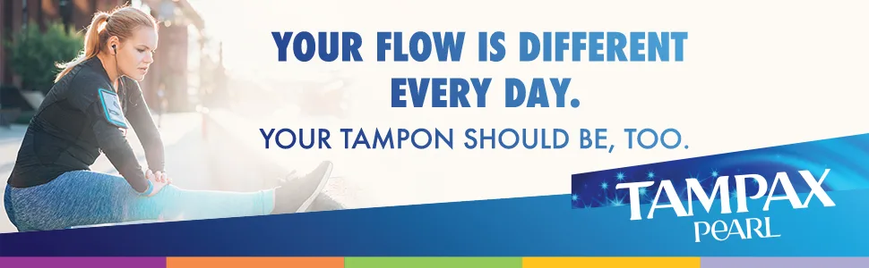 Tampax Pearl Tampons Multipack, Regular/Super/Super Plus Absorbency, With Leakguard Braid, Unscented, 34 Count X 6 Packs (204 Count Total) Light/Regular/Super Multipack 34 Count (Pack of 6) - Woman stretching: your flow is different every day. Your tampon should be, too.