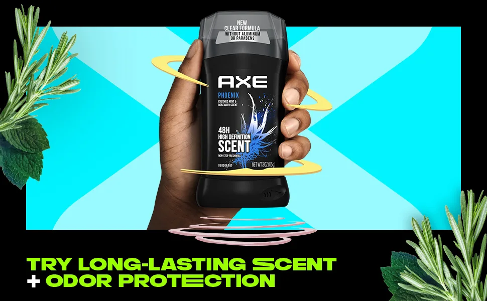 AXE Phoenix Deodorant 48H Odor Protection Crushed Mint & Rosemary Aluminum Free Deodorant for Men, 3 Ounce (Pack of 4) - A hand showing an Axe Product:Deodorant Crushed Mint & Rosemary