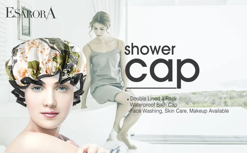 Shower Cap, ESARORA 4 PACK Bath Cap Designed for Women Waterproof Double Layer STYLE 1 - product information 2