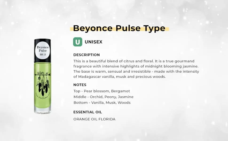 Well's Oil Roll-On Perfume Oil (Inspired by B. Pulse) | Warm & Floral Notes | Long-Lasting | Paraben-Free | 0.33 Fl Oz / 10 ml 13. Beyonce Pulse - Beyonce Pulse Type