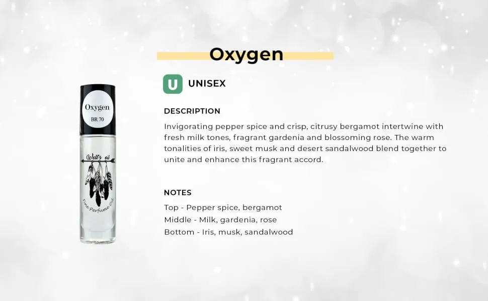 Well's Oil Roll-On Perfume Oil (Inspired by Oxygen) | Fresh Spicy & Musky Notes | Long-Lasting | Paraben-Free | 0.33 Fl Oz / 10 ml 70. Oxygen - br70