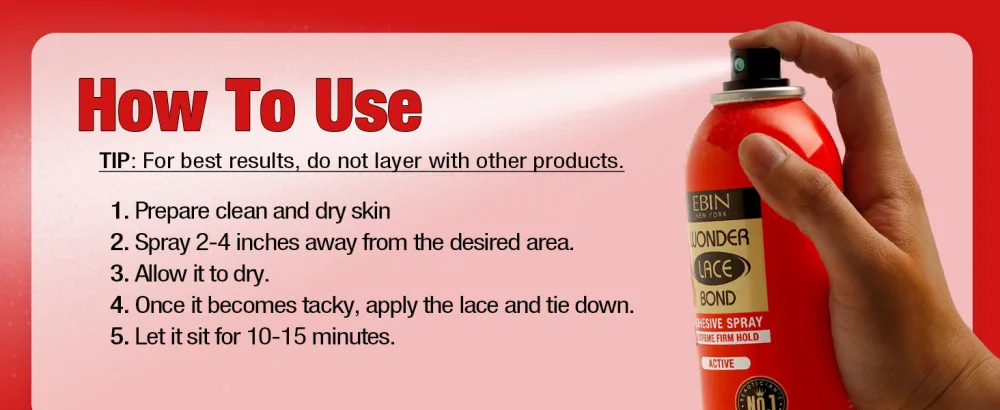 EBIN NEW YORK Wonder Lace Bond Adhesive Spray (Extreme Firm Hold 6.34oz / 180ml) Active 6.34 Fl Oz (Pack of 1) - howtouse