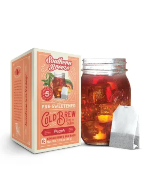 Southern Breeze Cold Brew Sweet Tea Peach Iced Tea with Black Tea and Zero Carbs Zero Sugar, 20 Individually Wrapped Tea Bags, Pack of 4 - Peach Cold Brew