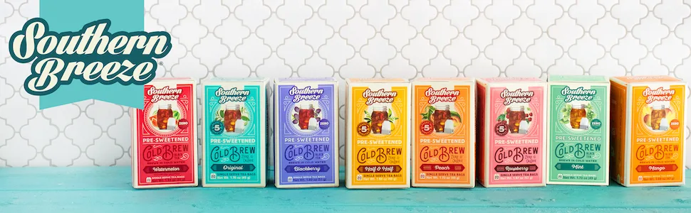 Southern Breeze Cold Brew Sweet Tea Peach Iced Tea with Black Tea and Zero Carbs Zero Sugar, 20 Individually Wrapped Tea Bags, Pack of 4 - SBST