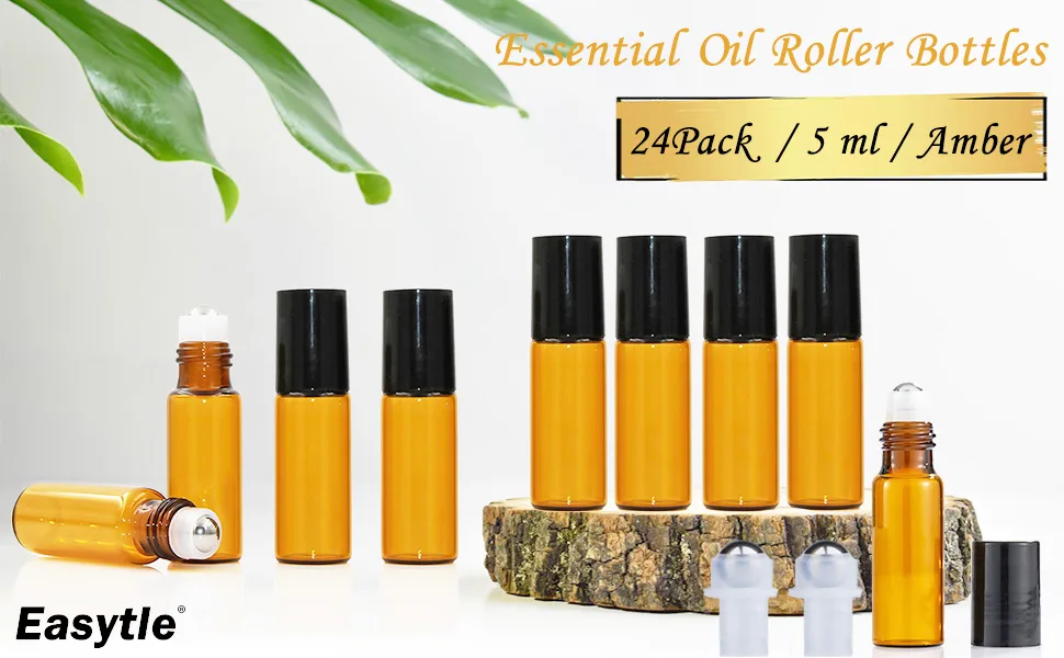 Essential Oil Roller Bottles, 24 Pack Amber Glass Roller Bottles 5ml, Roller Balls for Essential Oils, Roll on Bottles by Easytle (96 Pieces Labels, 4 Funnels, 4 Dropper, 2 Opener) - Amber Essential Oil Roller Bottles_1