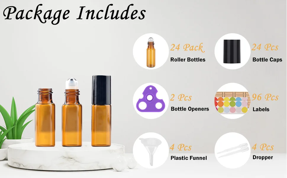 Essential Oil Roller Bottles, 24 Pack Amber Glass Roller Bottles 5ml, Roller Balls for Essential Oils, Roll on Bottles by Easytle (96 Pieces Labels, 4 Funnels, 4 Dropper, 2 Opener) - Amber Essential Oil Roller Bottles_2