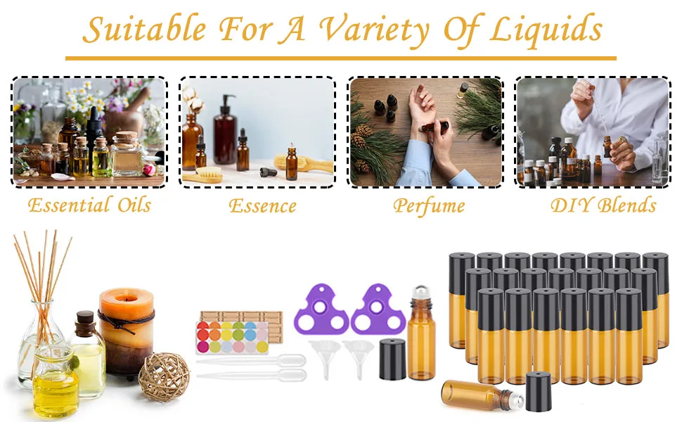 Essential Oil Roller Bottles, 24 Pack Amber Glass Roller Bottles 5ml, Roller Balls for Essential Oils, Roll on Bottles by Easytle (96 Pieces Labels, 4 Funnels, 4 Dropper, 2 Opener) - Amber Essential Oil Roller Bottles_5