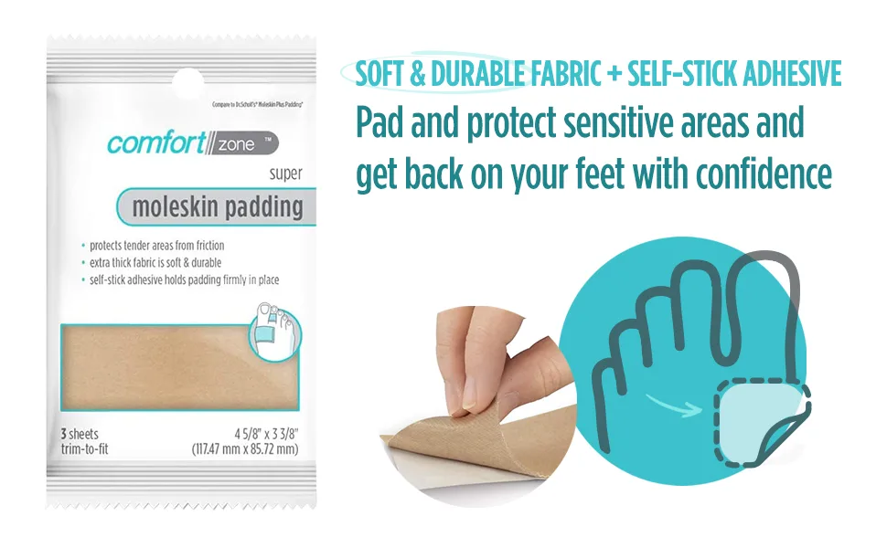 Comfort Zone Super Moleskin Padding, Protects Tender Areas of The Foot from Friction, Light Brown, 3 Count, Pack of 3 - Soft & Durable Self-Stick Adhesive