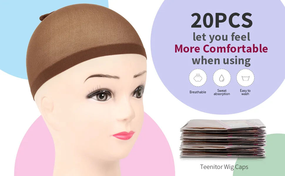 Teenitor 20 Pack Brown Stocking Cap Stretchy Nylon Wig Caps, Skin Tone Stocking Cap Wig Caps Application for Women Men-Brown - product information 2