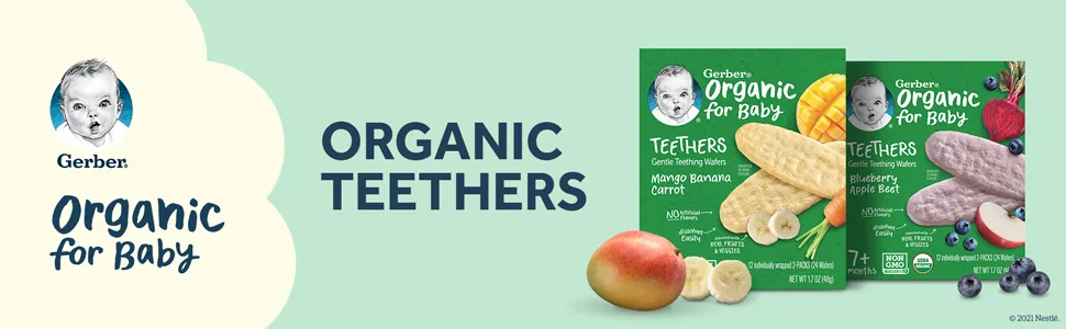 Gerber Snacks for Baby Teethers, Organic Gentle Teething Wafers, Mango Banana Carrot, 1.7 Ounce (Pack of 6) - Organic Teethers