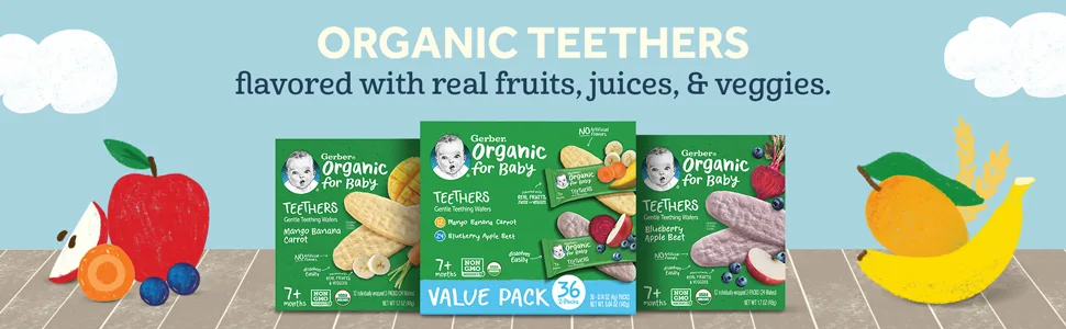 Gerber Snacks for Baby Teethers, Organic Gentle Teething Wafers, Mango Banana Carrot, 1.7 Ounce (Pack of 6) - Organic teethers flavored with real fruits, juices, and veggies.