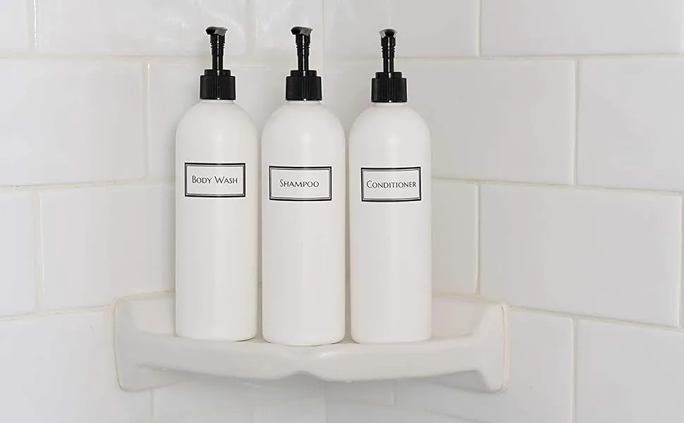 Artanis Home Silkscreened Empty Shower Bottle Set for Shampoo, Conditioner, and Body Wash, Cosmo/Bullet 16 oz 3-Pack, White (Black Pumps) - Silkscreened Empty Shower Bottle Set for Shampoo, Conditioner, and Body Wash