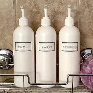 Artanis Home Silkscreened Empty Shower Bottle Set for Shampoo, Conditioner, and Body Wash, Cosmo/Bullet 16 oz 3-Pack, White (Black Pumps) - Three bottles in holder