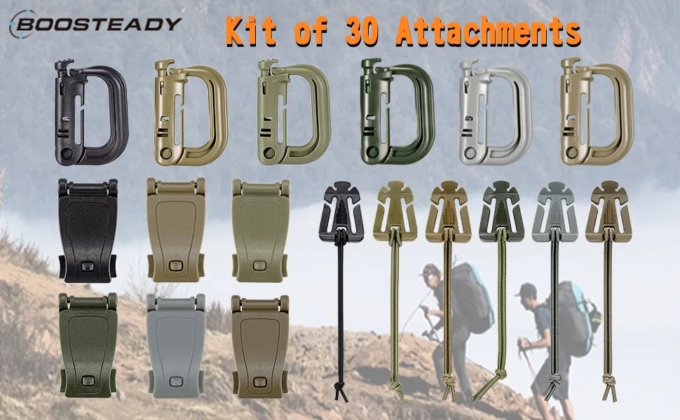 BOOSTEADY Kit of 30 Attachments for Molle Bag Tactical Backpack Vest Belt,D-Ring Grimloc Locking Gear Clip, Web Dominator Elastic Strings, Strap Management Tool Buckle Pack of 30 Coyote Tan - product information 1