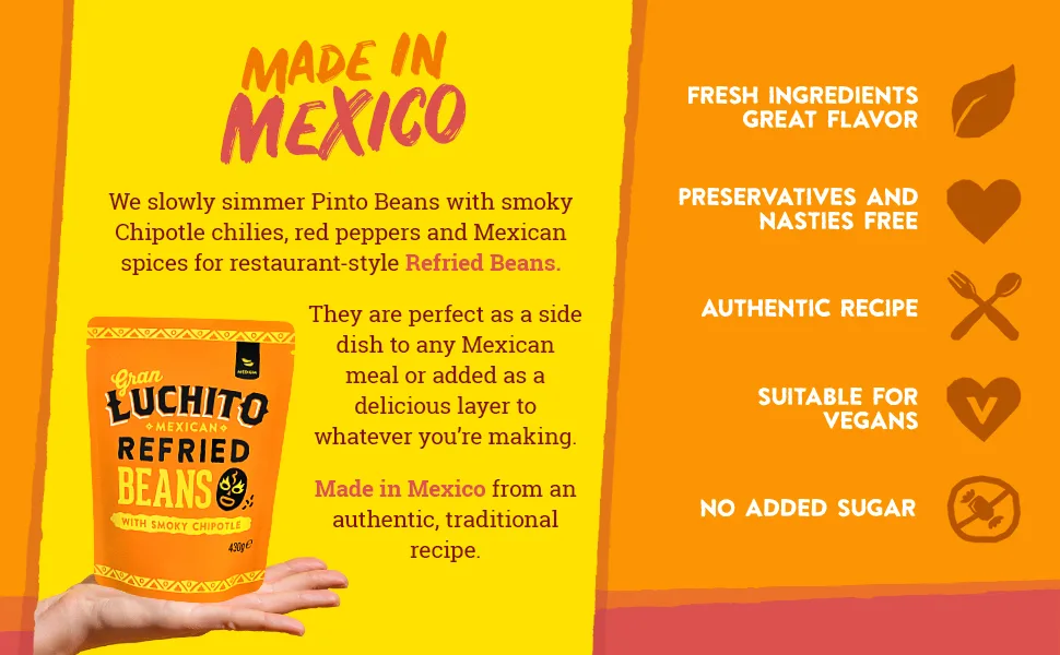 Gran Luchito Mexican Chipotle Refried Beans 15oz (Pack Of Six) - Vegan - Non Gmo - In A Microwavable Pouch - Gran Luchito Authentic Mexican Refried Beans